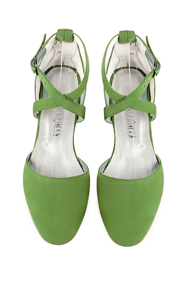 Grass green women's ballet pumps, with flat heels. Round toe. Flat block heels. Top view - Florence KOOIJMAN
